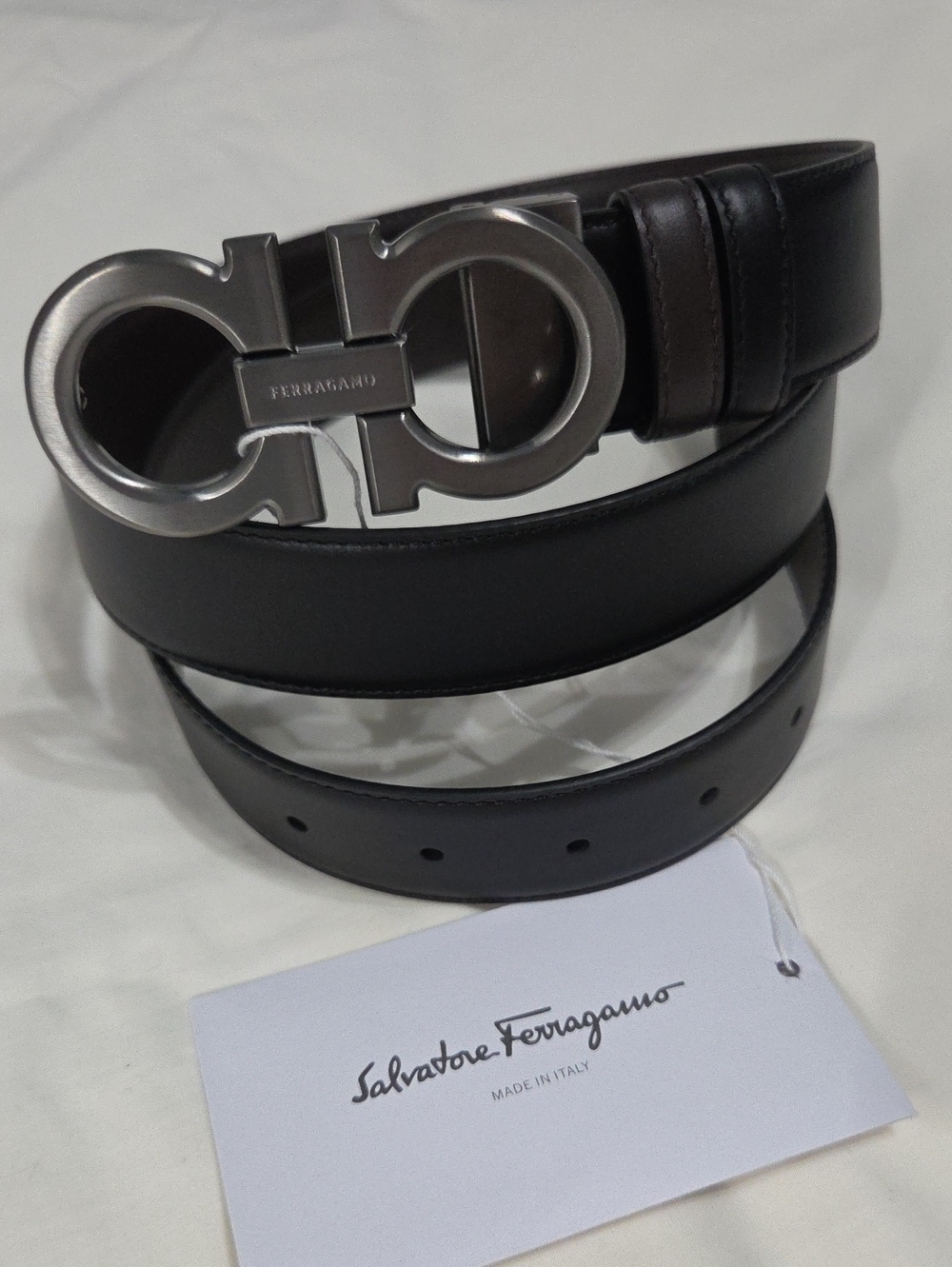Salvatore Ferragamo Black Brown Belt Dark Silver Double-Gancini Buckle